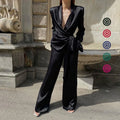 Solid Color Shoulder Padded Belted Wrap Top and Pantalon Ensemble Femme Women's Spring Two Piece Clothing Suits Sets for Women