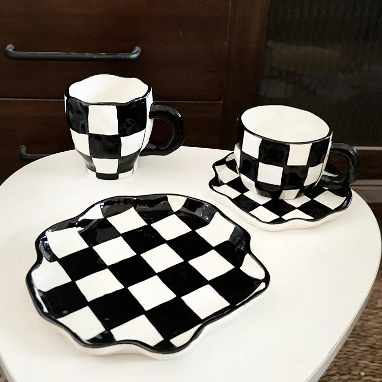 Solhui Ceramic Checkerboard Coffee Cup Saucer Plate Bowl Vintage Dinnerware