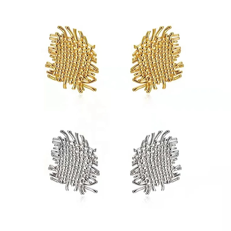 Vintage Temperament Anti-allergy Brass Electroplated Real Gold Irregular Braided Stud Earrings