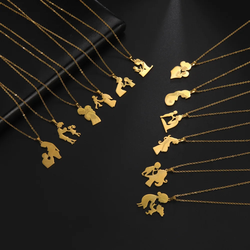 Wholesale Personalized Customized Mother's Day Stainless Steel PVD 18K Gold Dad Mama Kids Cartoon Family Necklace for Mom Father