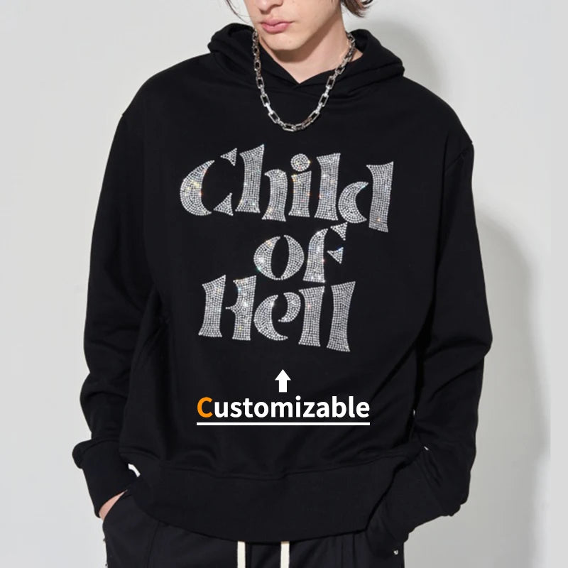 Oem Custom Pullover Streetwear Transfer Hoddies Unisex Men 100% Cotton Rhinestone Hoodie