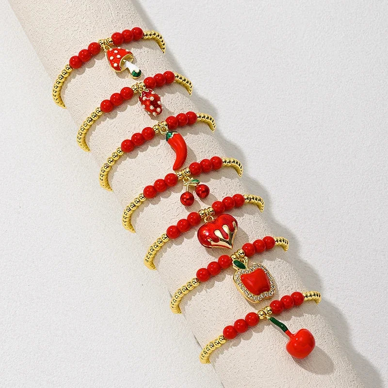 New Year New Luck Red Mushroom Cherry Strawberry Pepper Chilly Bracelet 18k Gold Plated Brass beads  Gift for Her Girlfriend