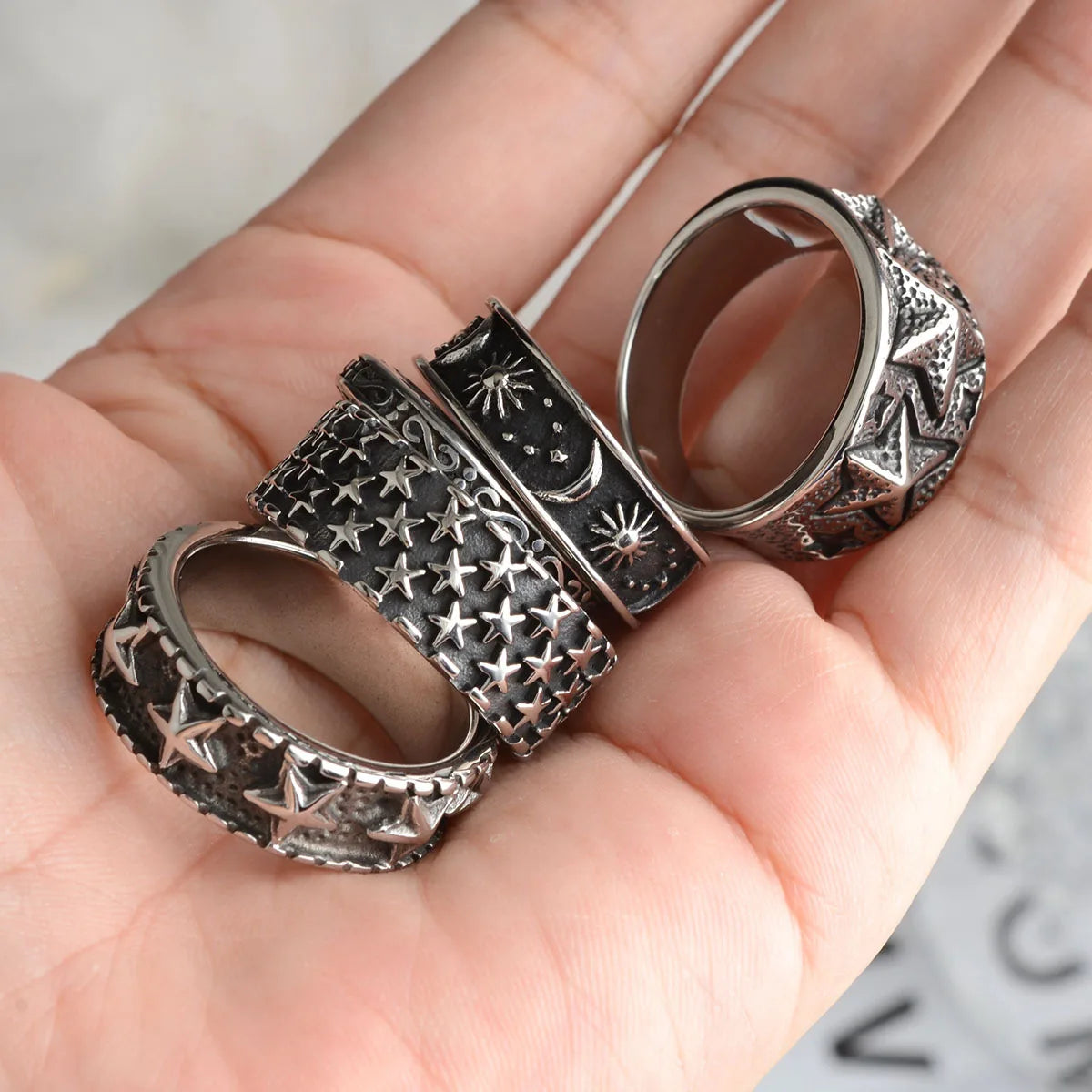 Punk Style 316 Stainless Steel Rings Oxidized Silver Star Moon Sun Scroll Band Rings Non-Allergic Antique Carved Punk Rings Set