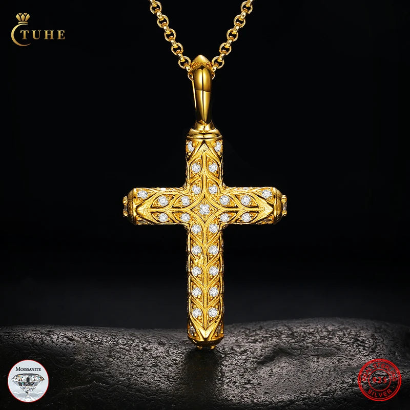 Kolye Men Jewelry Luxury Gold Plated 925 Sterling Silver VVS Moissanite Diamond Cross Pendant Necklace