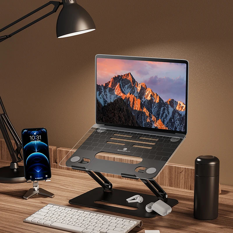 Boneruy Factory's Aluminum Alloy Black Foldable Office Desk with Adjustable Standing Laptop Stand