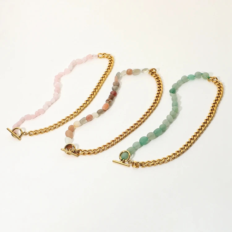 Unique 18K Gold Stainless Steel OT Stick Buckle Colorful Half Natural Stone Half Cuban Chain Necklaces for Women