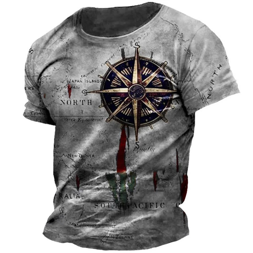 Fitspi Men's Vintage Compass Print T-shirt Summer Daily Loose Short Sleeve Male Tops Casual Tees Unisex Clothing Apparel