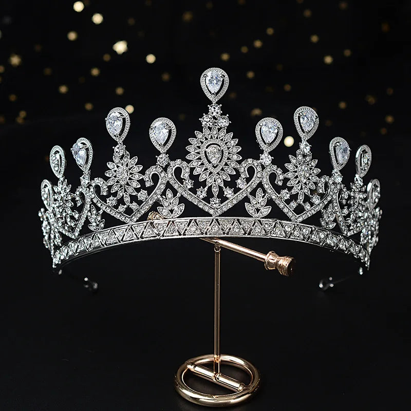 SLBRIDAL Alloy Rhinestone Crystal Cubic Zirconia Flower Bridal Tiara Princess Crown Wedding Hair Accessories Women Dress Jewelry