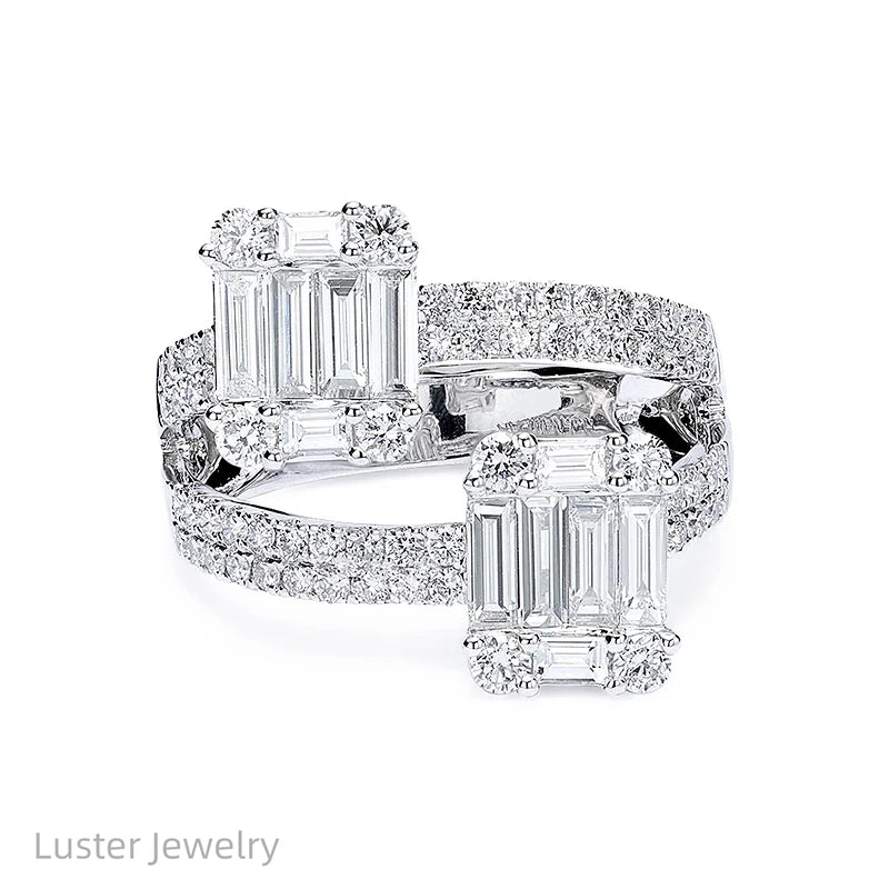 Luster Jewelry Custom 10/14/18K Solid Gold Double-Row Baguette Cut Moissanite Wedding Ring Set for Women