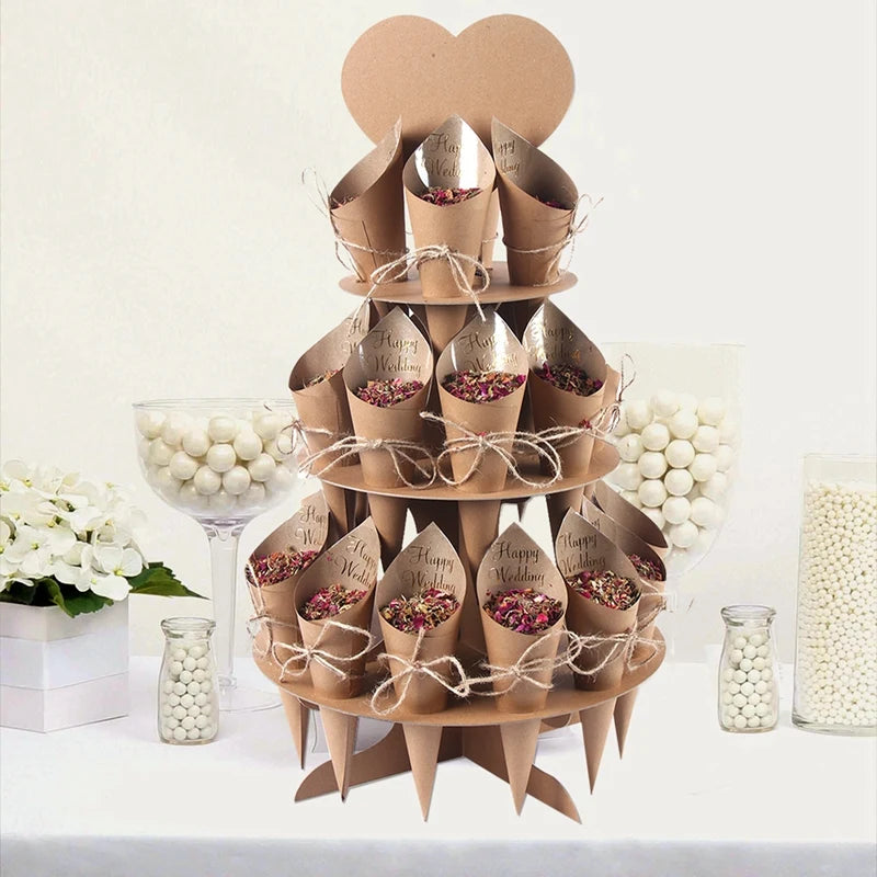 3 Layers Wedding Confetti Cone Holder Stand Kraft Paper Tower Petals Stand Tray Box Holder for Wedding Decoration