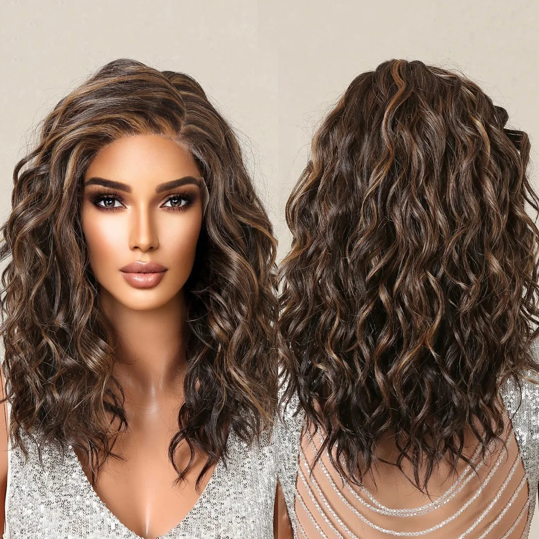 Future Chemical Fiber Chocolate Brown Hair With Highlights Short Wavy Synthetic Wigs for Women T Part Lace Wigs Hair