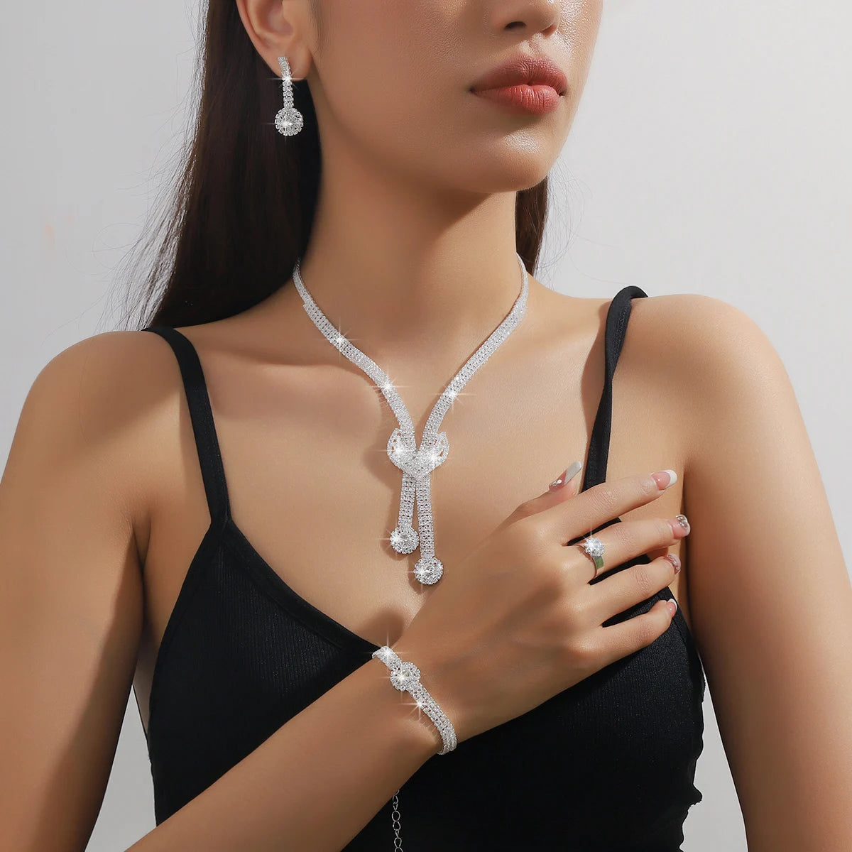 5-Piece Versatile Simple Full Diamond Water Necklace Earrings Bracelet Set Exquisite Ladies' Wedding Fashion Jewelry