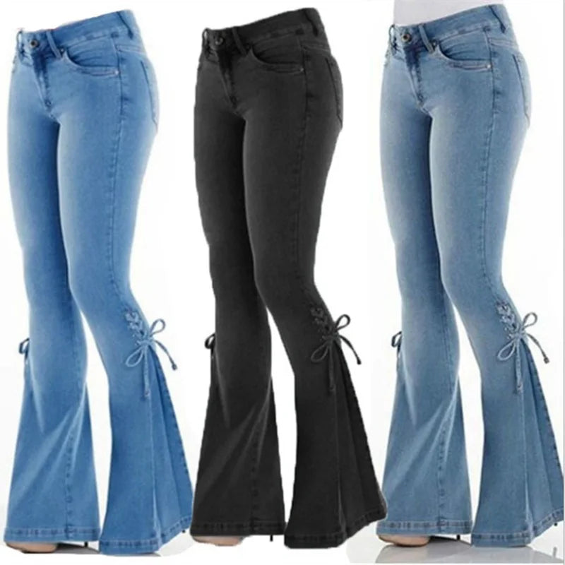 Hot Sell Women'S Blue Denim Jeans New Arrivals Fashion Denim Flare Pants Skinny Leg  Women High Bell Bottoms Jeans Plus Size 3Xl