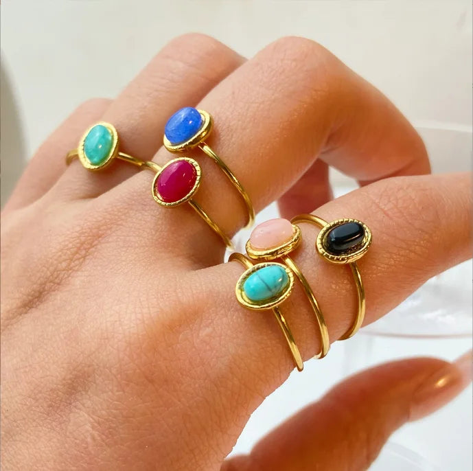 New Design Oval Natural Stone Stainless Steel Finger Ring for Women Waterproof 18K Gold Plated Jewelry