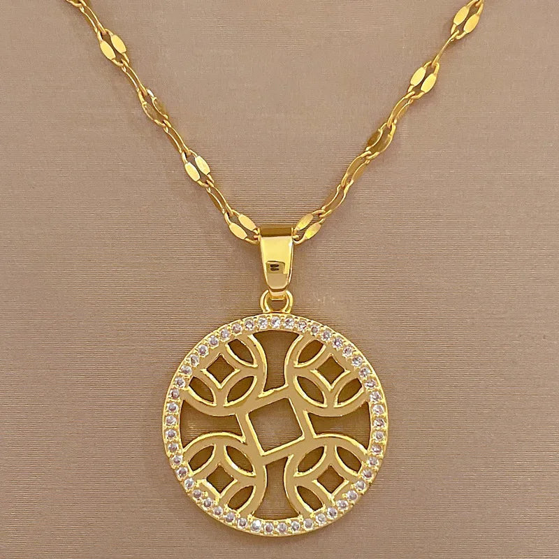 18k Gold Plated Stainless Steel Cubic Zirconia Ancient Chinese Style Coins Necklace Jewelry Sparkling Pendant Necklace for Women