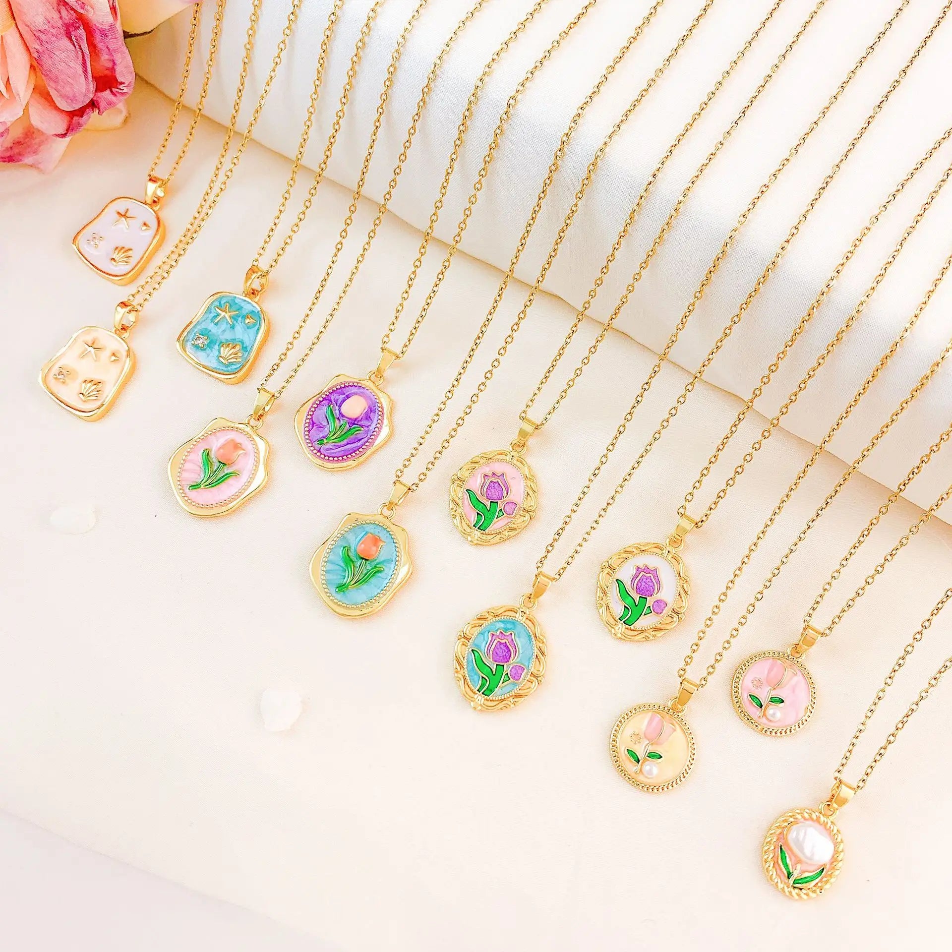 Hot Selling Jewelry Accessories Design No Fading Enamel Purple Tulip Stainless Steel Necklace for Women