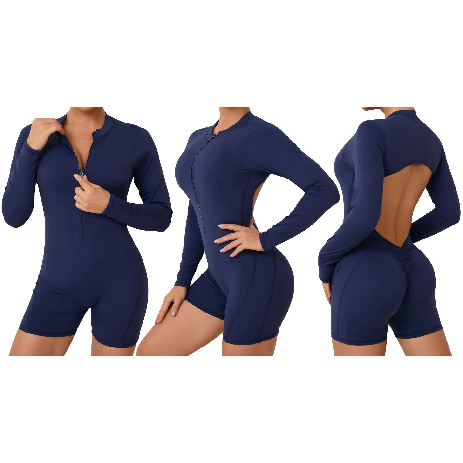 Zipper Play Suits Spandex Body Suit Backless Gym Fitness Workout Yoga Jumpsuit One Piece for Women