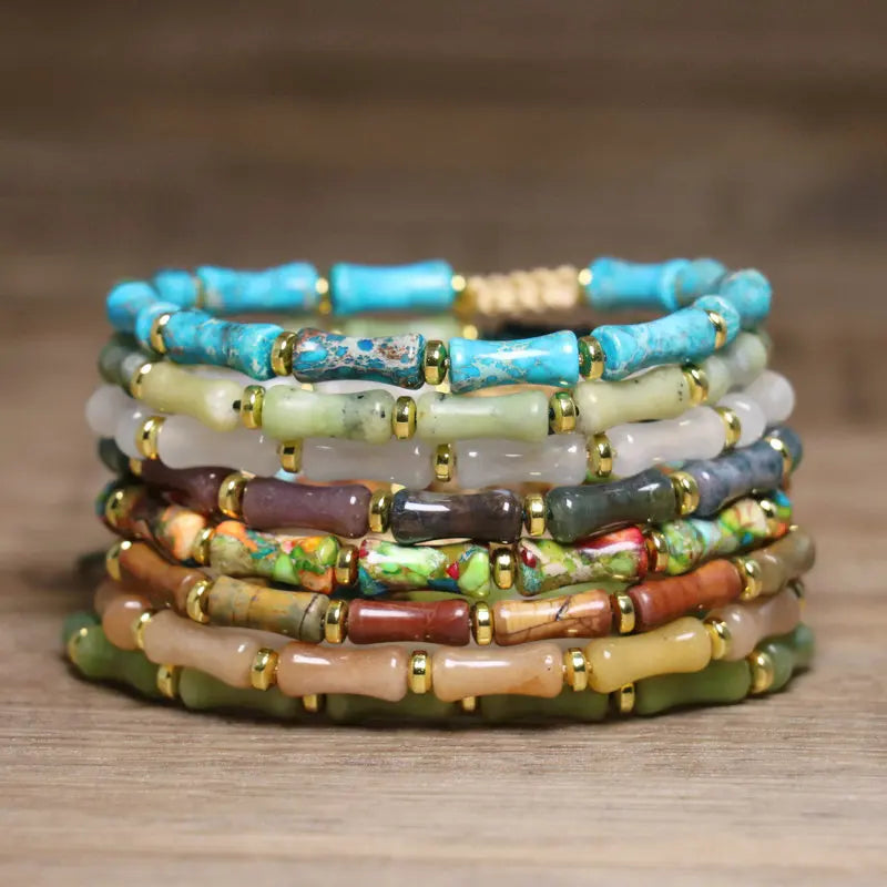 6*12mm Bamboo Stone Bracelet for Women Fashion Jewelry Anxiety Relief  Protection Adjustable Imperial Jasper  Beaded Bracelet