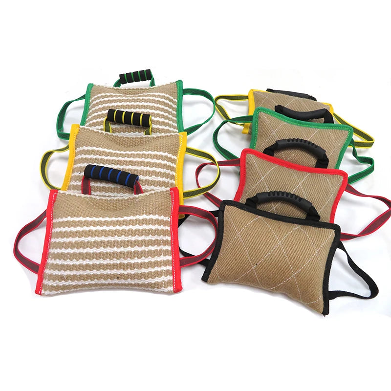 Durable Jute Dog Bite Pillow Interactive Dog Tug Toy with 3 Comfortable Handles Tug of War Dog Training Equipment