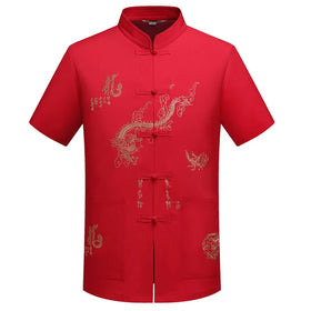 Men's Traditional Chinese Hanfu Antique Dragon Design Tang Suit Kung Fu Short Sleeve Shirt CTCS-001