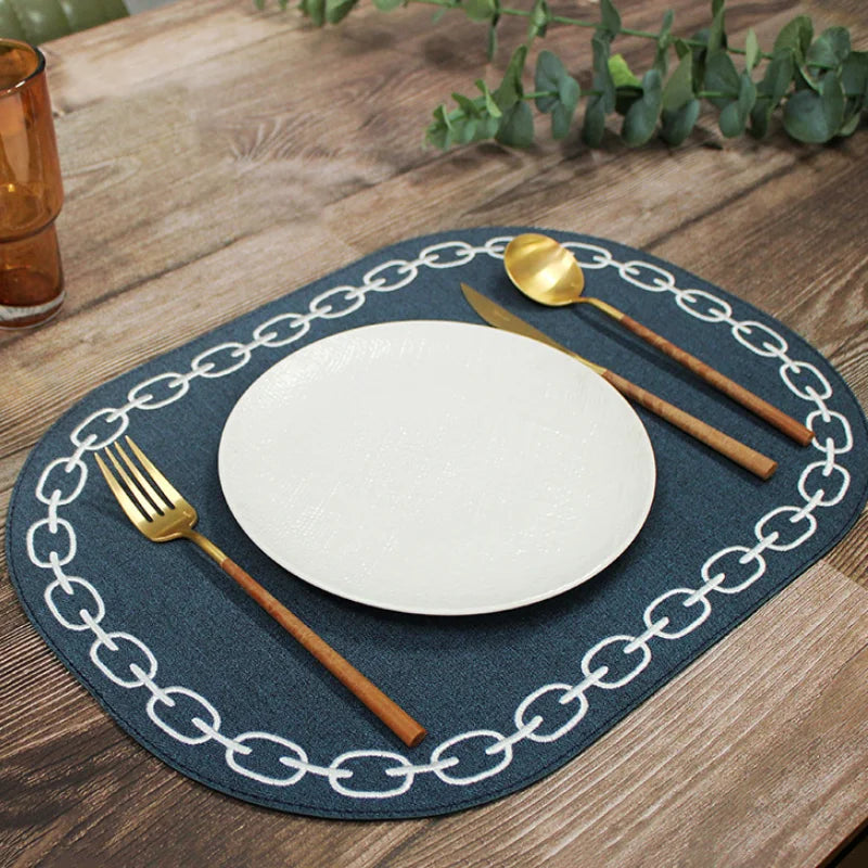 PU Leather Table Mat Arte Pele Chain Embroidery Kitchen Oval Mat Table Dining Pad Modern Valentines Placemats