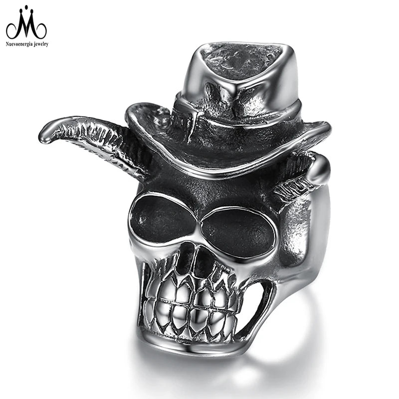 Gothic Silver Man Ring Jewelry Punk Chunky  Skull Head Stainless Steel Cowboy Hat Ring Man Finger Ring Jewelry