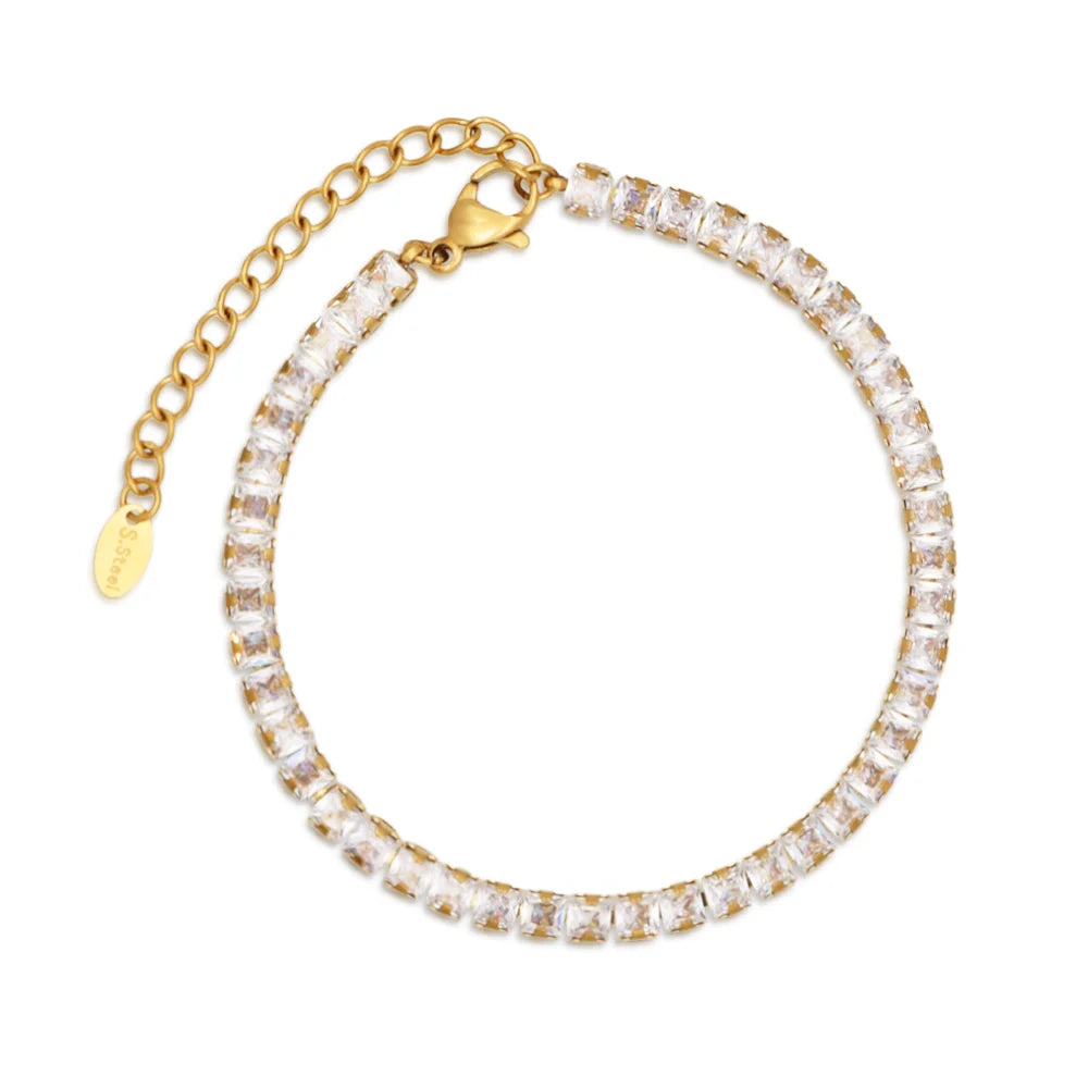 Chris April Fashion Design 316L Stainless Steel Bejeweled Princess Cut Cz Chain square Shape Zircon Tennis Bracelet