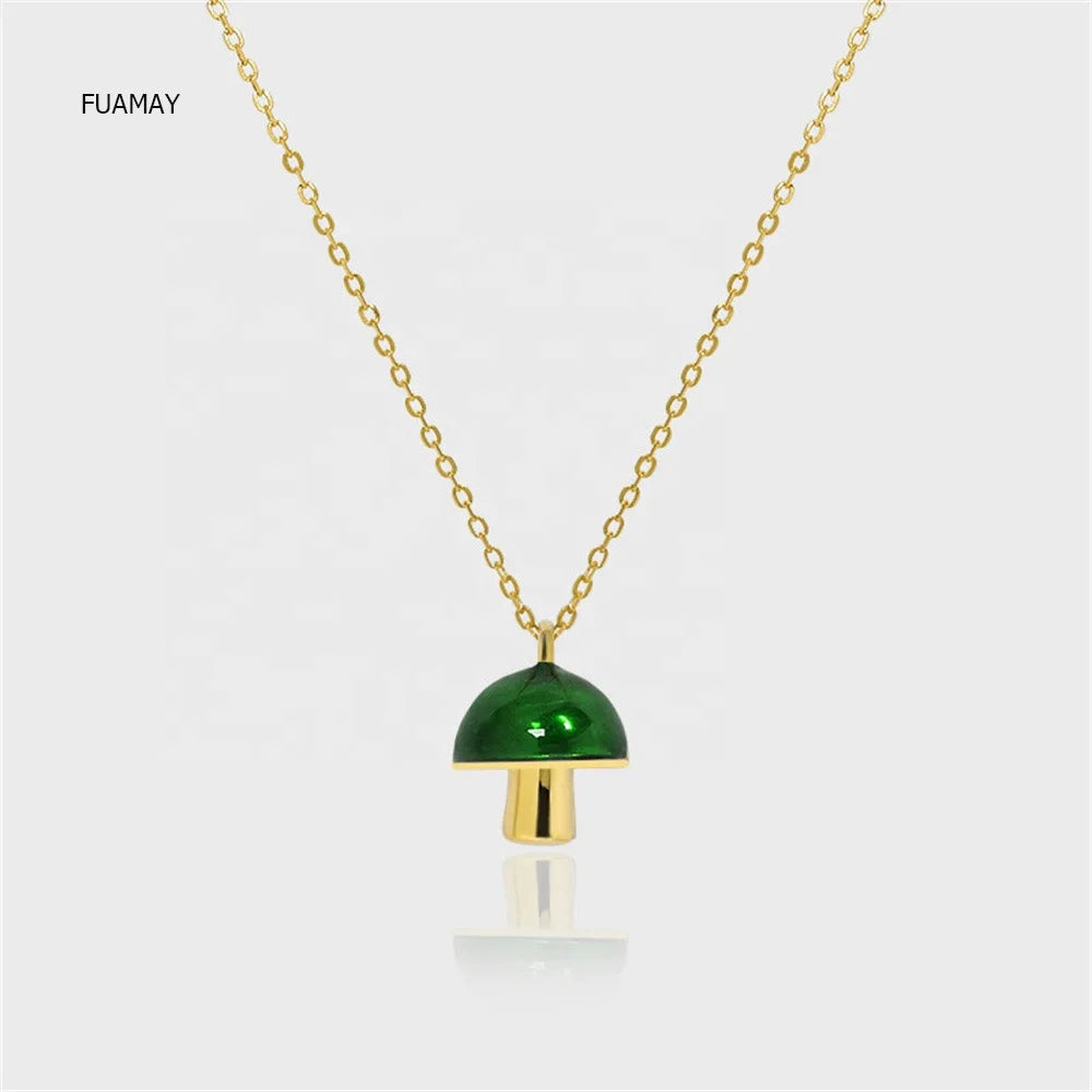 FUAMAY S925 Silver Mushroom Pendant Necklace for Women Green Enamel Mushroom Necklaces
