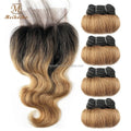 Brazilian Hair Bundles With Closure Ombre Two Tone Color Short Length Afro-B Body Wave Virgin Hair Bundle With Lace Closure