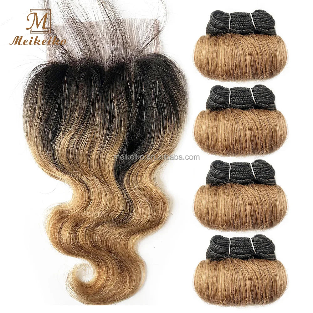 Brazilian Hair Bundles With Closure Ombre Two Tone Color Short Length Afro-B Body Wave Virgin Hair Bundle With Lace Closure