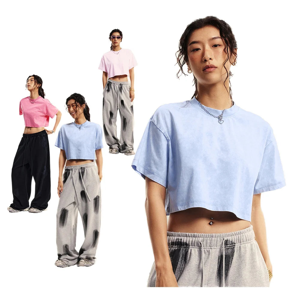 Custom Cotton Oversize Acid Washed Pink Cropped Vintage Tee Loose Fitting Crop Top Tshirt for Women-Summer Vintage Style