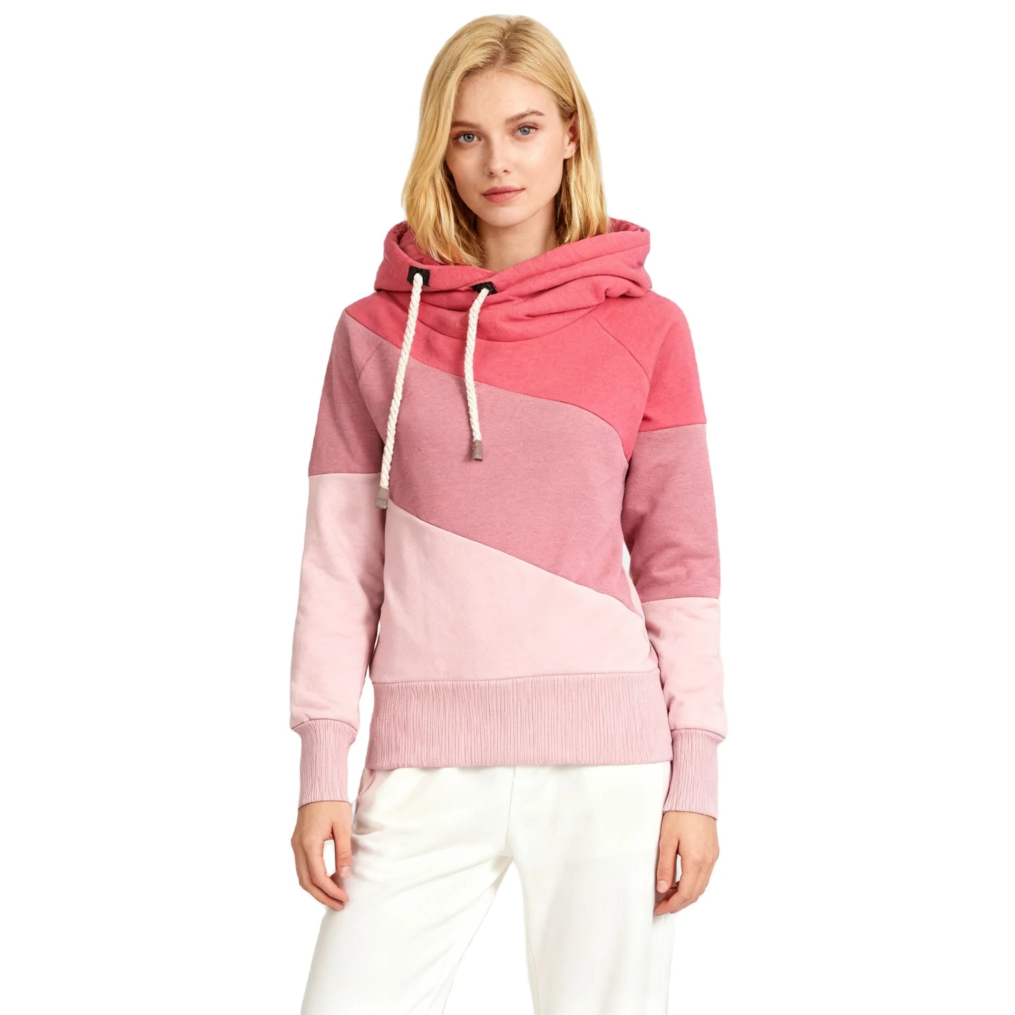 Fitspi  Customized Women Funnel Cowl Neck Thick Solid Hooded Pullover Lady Color Block Long Sleeve Hoodies Sweatshirt