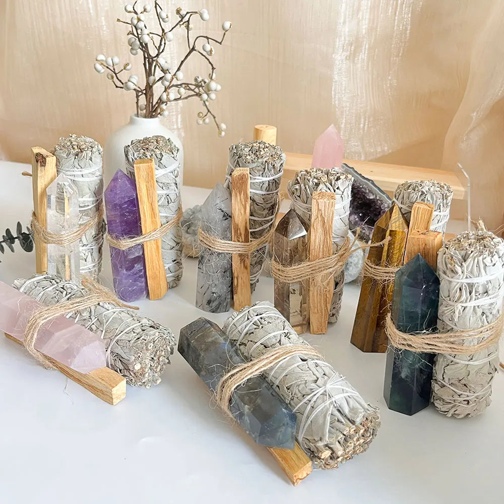 Sage Bundles With Crystals Points Tower Palo Santo for Smudging Healing Incense White Sage Smudge Stick With Crystal Wand