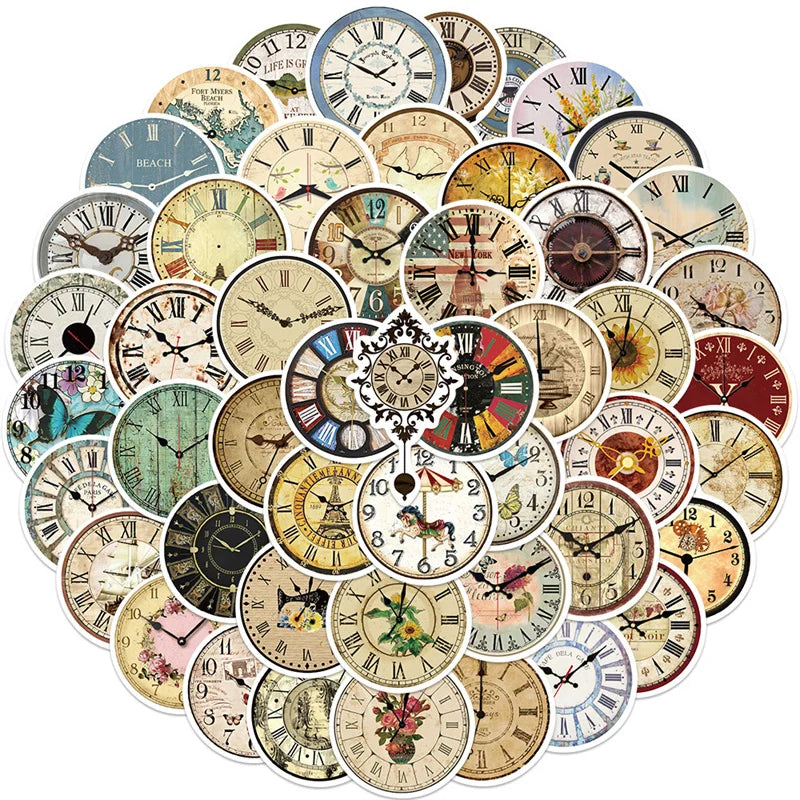50pcs Vintage Clock Stickers for Scrapbook Retro Art Waterproof Vinyl Decals for Journal Notebook Water Bottles Bike Phone