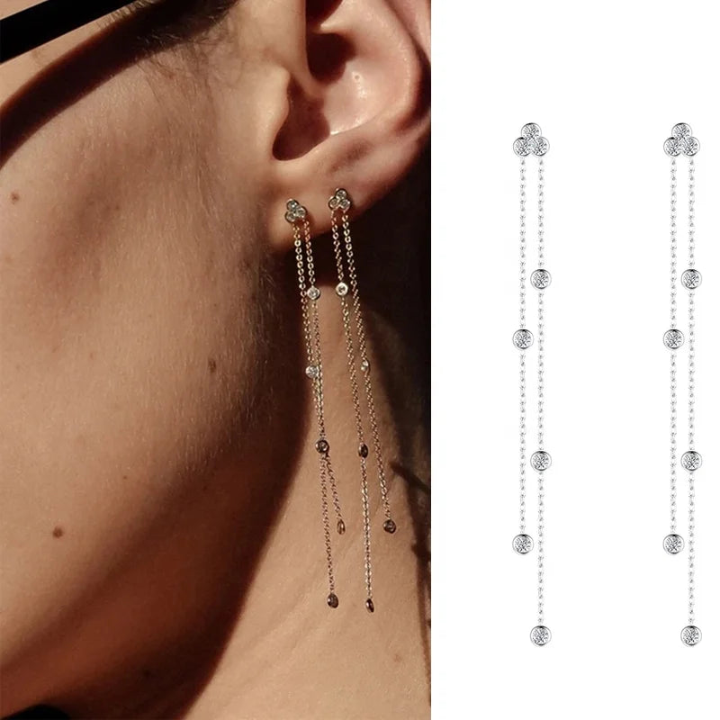 Fine Jewelry 925 Sterling Silver Chain Cubic Zirconia Stud Earrings Triple Stone Long Tassel Drop Threader Earrings