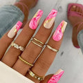 Hot Selling Long Ballerina Full Cover Acrylic Gold Powder Marble Artificial False Nails Coffin Shape Wave Press on Nails