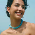 Natural Glacier Blue Cat Eye Stone Beaded Necklace Double Layered White Quartz Heart Pendant Seed Beads Chokers Jewelry