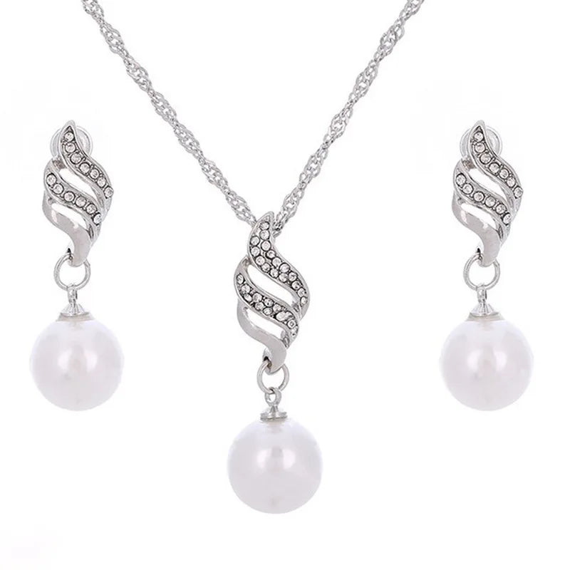 New Korea Pearl Crystal Rhinestone Pearl Choker Gold Plated Earring and Necklace Jewelry Sets for Women Bridal