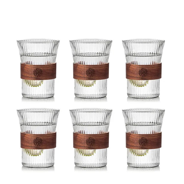 Japanese Style Ribbed Glass Tumbler With Wooden Sleeve Glass Vertical Stripe Coffee Glass Cup for Home Office Party