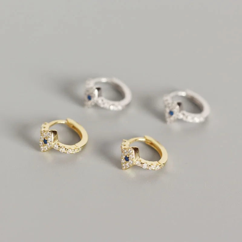 INS 925 Sterling Silver Blue Evil Eyes Chic Hoop Earrings for Women Blue Eye Zircon Diamond Hoop Earrings