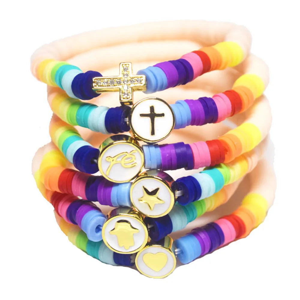 Bohemian Soft Clay Polymer Brass Metal Cross Star Heart Fatima Hand Charms Elastic Cord Bracelet Stackable Bracelets rainbow