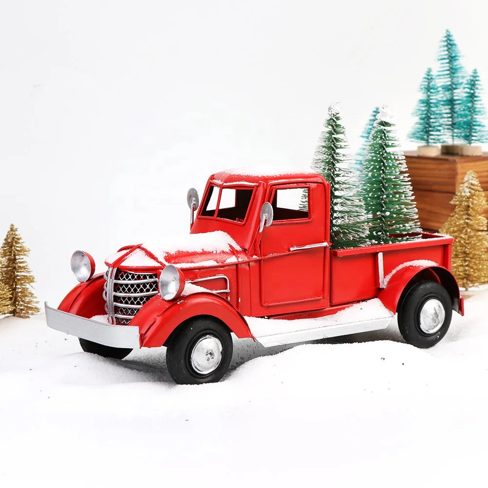 Xmas Metal Crafts Kid Toy Navidad Vintage Christmas Red Metal Truck With Christmas Tree Decoration