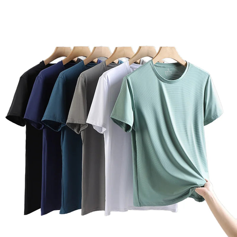 Men's Casual Ice Silk T-Shirt High Quality  Quick Dry Oversized  Short Sleeve Gym Sports Top Solid T Shirt