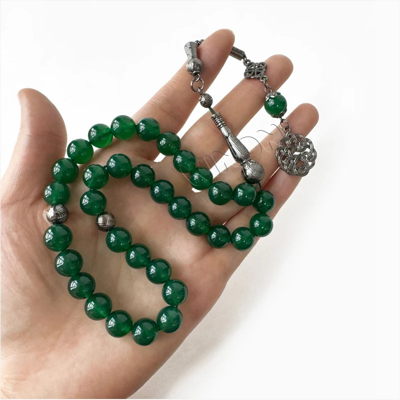 Natural Green Agate Aqeeq 10mm Tasbih 33 Islamic Prayer Beads Tasbeeh Muslim Rosary Dhikr Beads Zikr Beads Muslim Baclite Rosary
