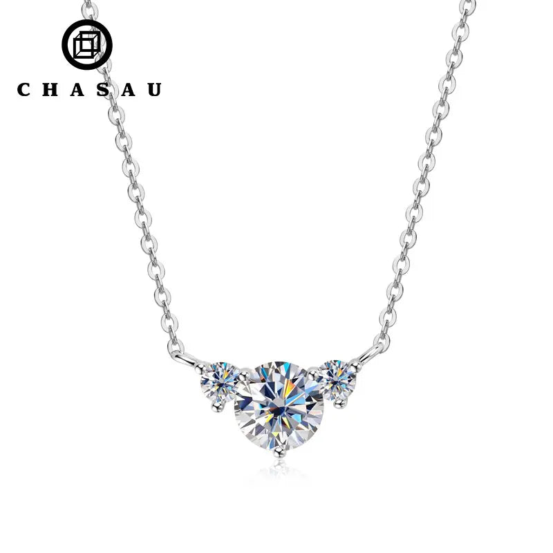 New Arrival GRA Certification 925 Sterling Silver Round Cut 1ct 0.1ct Moissanite 3-stone Pendant Necklace for Women