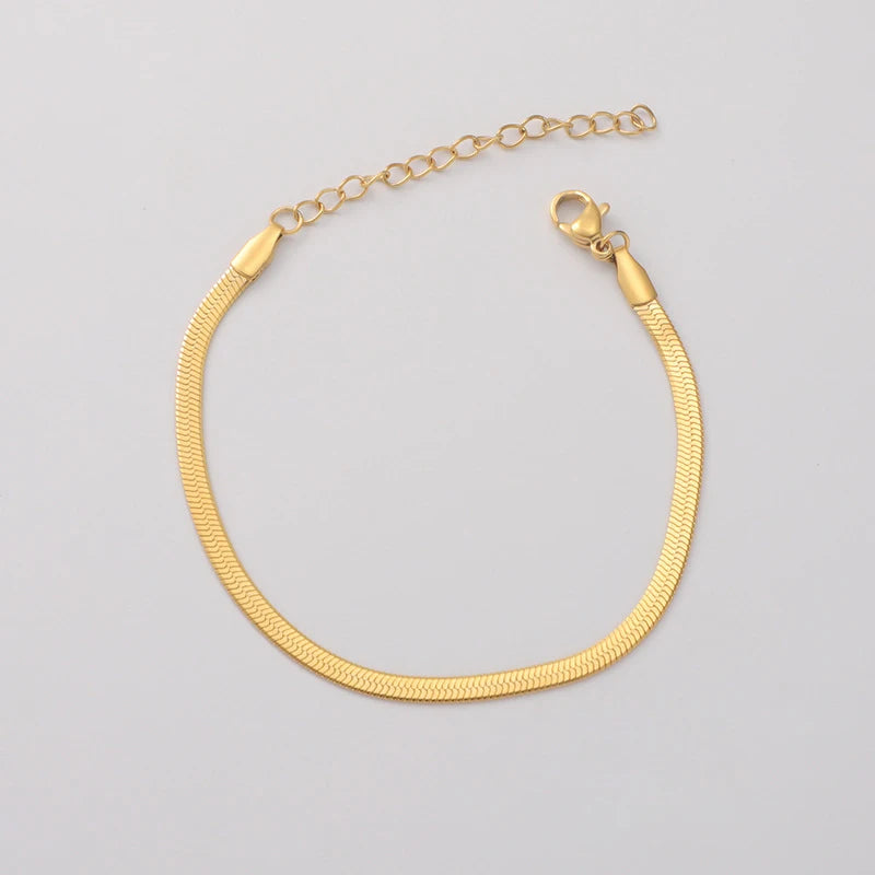 Women Adjustable Gold Plated 3mm 4mm Stainless Steel Herringbone Flat Snake Chain Bracelet for Girls