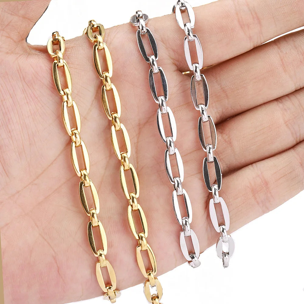 6.5mm Wide Titanium Stainless Steel 18K Gold PVD Plated Rectangle Flat Chains Wholesale for Jewelry Making