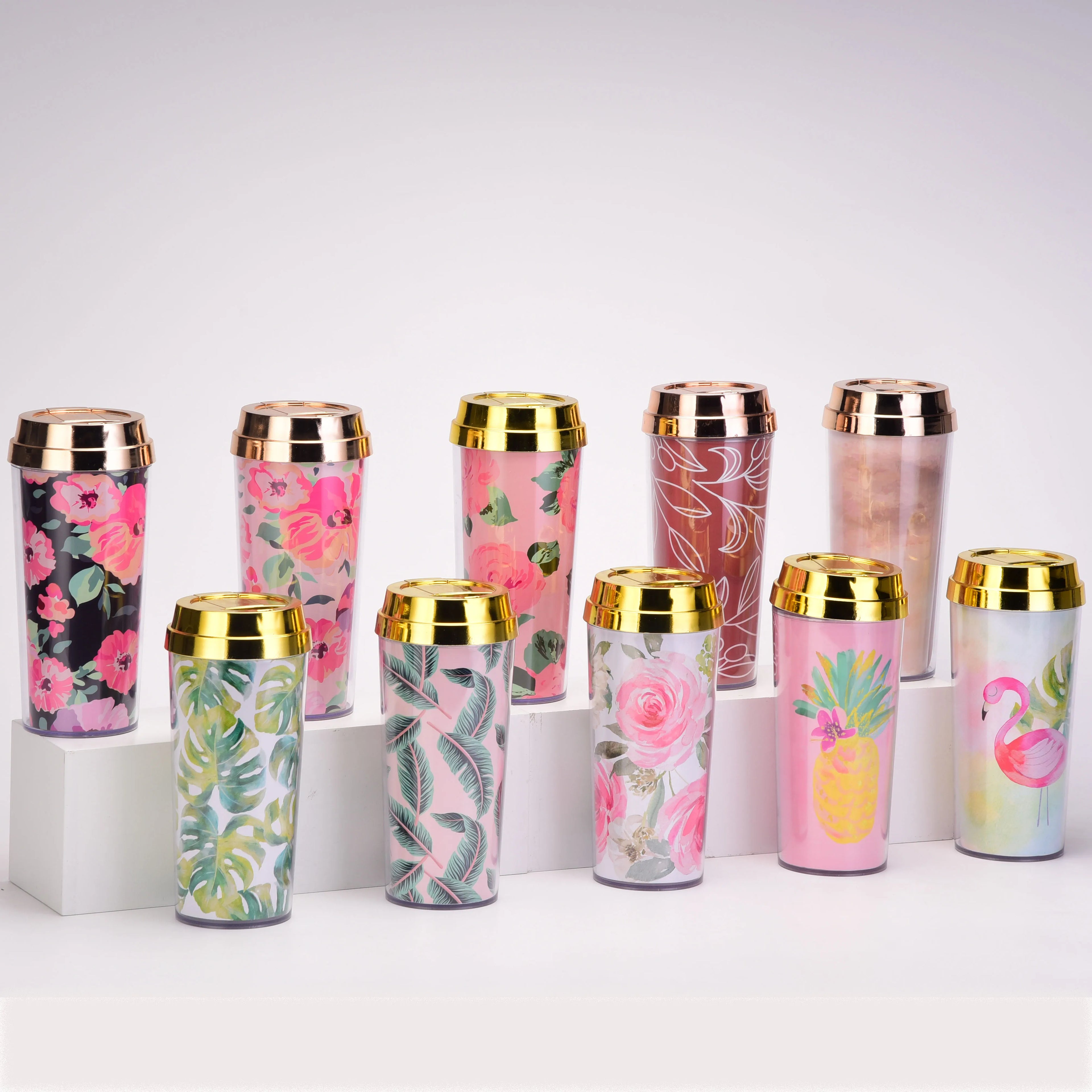 BPA Free Plastic 16OZ Mother's Day Travel Mug Coffee Tumbler Double Walled Floral Design Paper Insert with Gold Lid