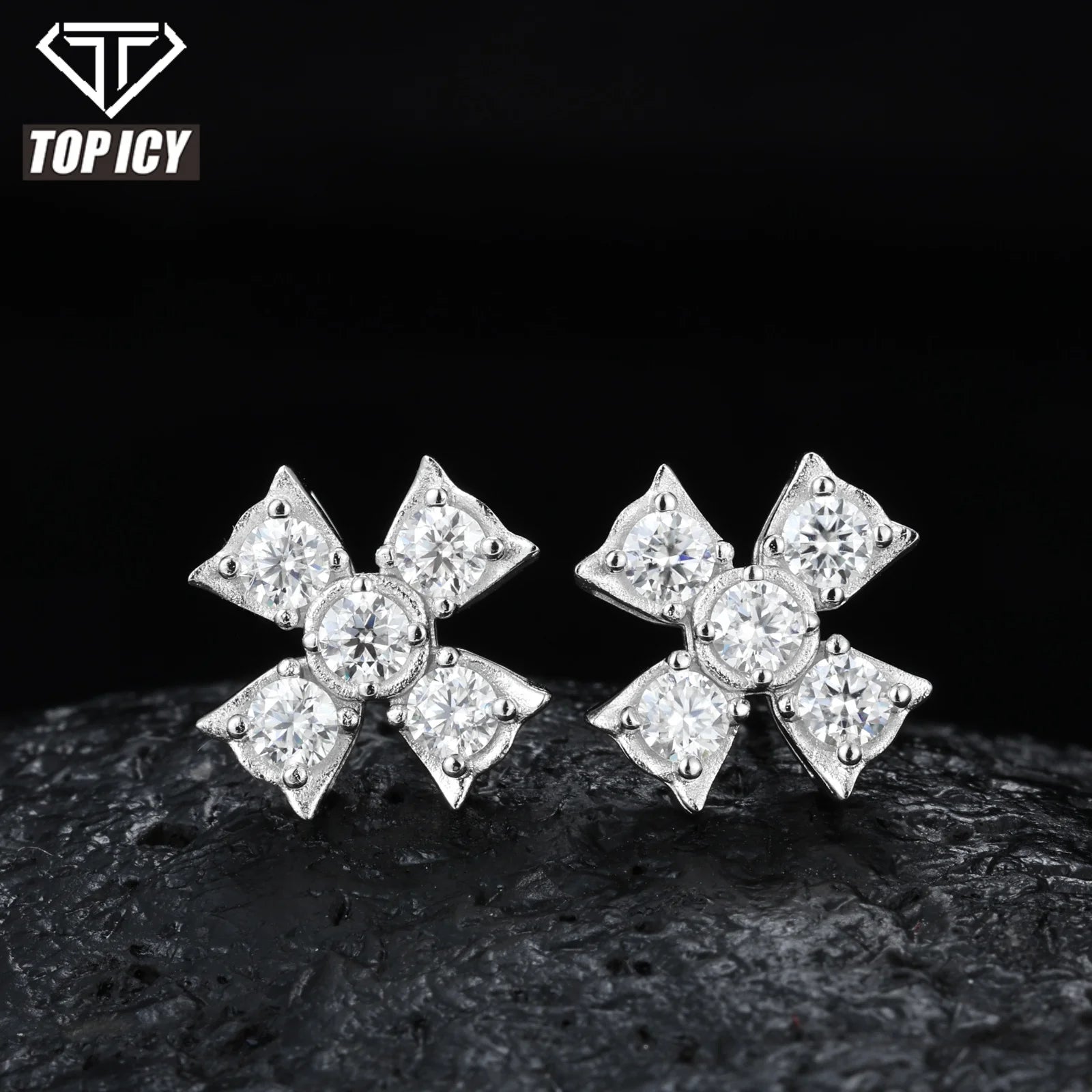 New Design Iced Out 925 Sterling Silver Flower Jewelry Fine VVS D Moissanite Earrings Hip Hop Four Leaf Stud Earrings