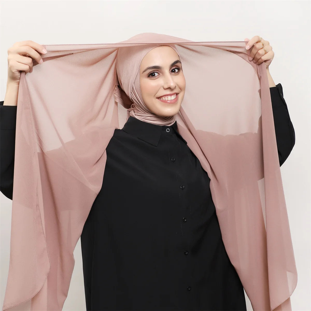 Solid Color Pearl Chiffon Long Hijab Tube Hat Magnetic Clasp Set Elastic Convenient All in One Scarf Hijab for Women